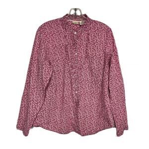 LL Bean Women's Cotton Button Down Pink Floral with Ruffle Detail Large